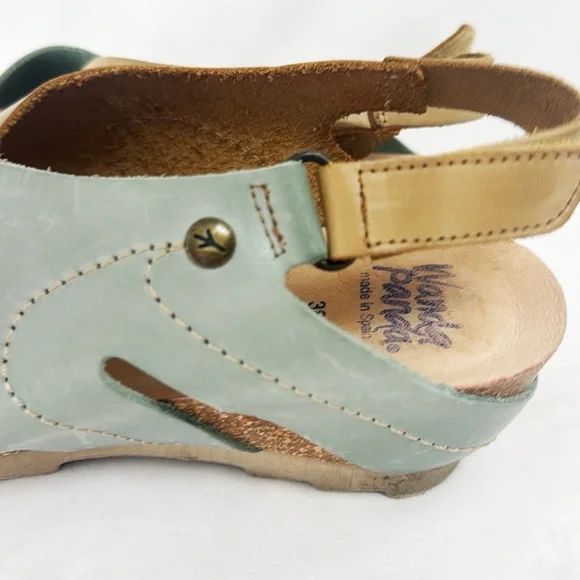 WANDA PANDA Leather Sandals 2-Tone Tan/Blue Padded Insoles Size 38/7.5 - Picture 6 of 7